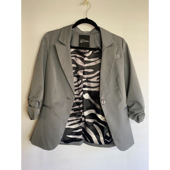 Guess Single Button Ruched Sleeve Stretch Blazer Zebra Print Satin Lined Size S - Picture 3 of 10